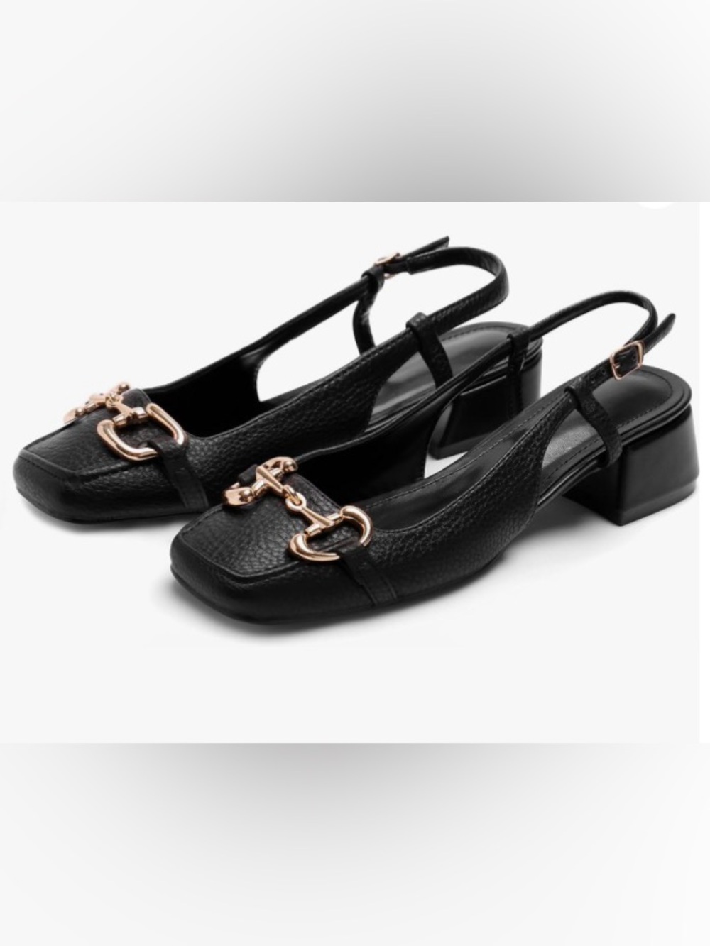 Black Leather Slingback Heels with Gold Horsebit Detail